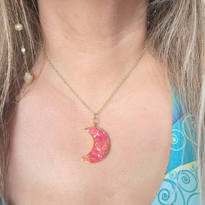 Pink Carnation Buds in Gold Crescent Moon Necklace, Left Facing Celestial Moon Phase Pendant