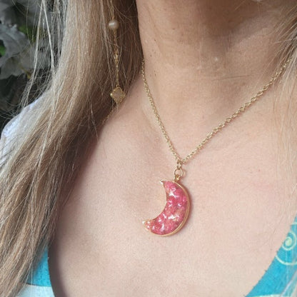 Pink Carnation Buds in Gold Crescent Moon Necklace, Left Facing Celestial Moon Phase Pendant