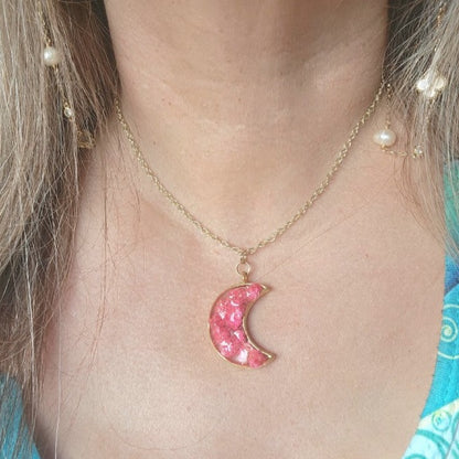 Celestial Pink Floral Necklace, Pink and Gold Crescent Moon Pendant