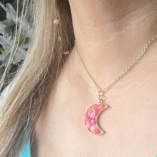 Celestial Pink Floral Necklace, Pink and Gold Crescent Moon Pendant