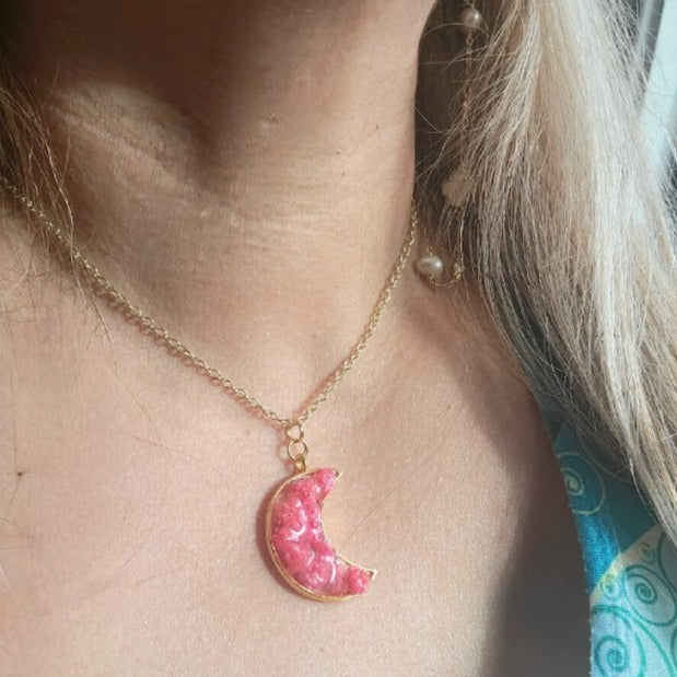 Celestial Pink Floral Necklace, Pink and Gold Crescent Moon Pendant