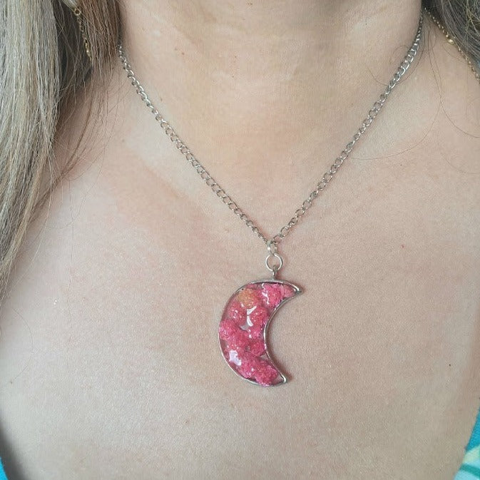 Unique Pink Carnation Bud Necklace, Celestial Moon Phase Pendant