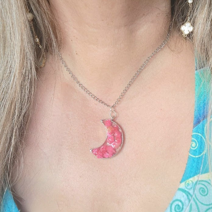 Vibrant Real Pink Carnation Bud 3D Necklace, Silver Crescent Moon Pendant