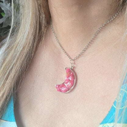 Vibrant Real Pink Carnation Bud 3D Necklace, Silver Crescent Moon Pendant