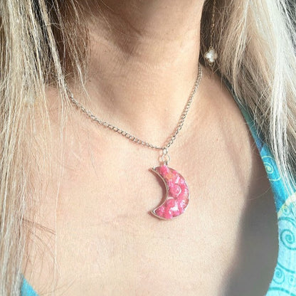 Vibrant Real Pink Carnation Bud 3D Necklace, Silver Crescent Moon Pendant