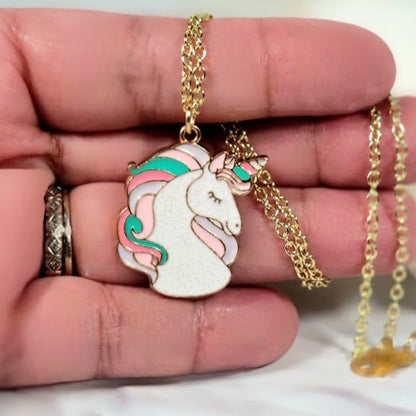 Kid's Pink Unicorn Necklace, White Pegasus Pendant