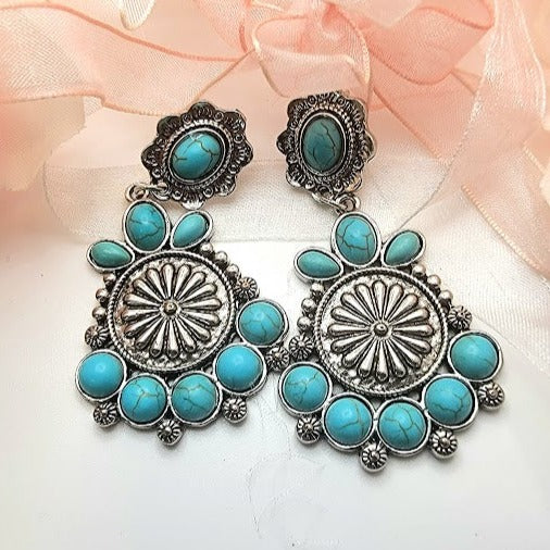 Faux Turquoise Medallion Stud Earrings, Artisan Crafted Silver Dangle