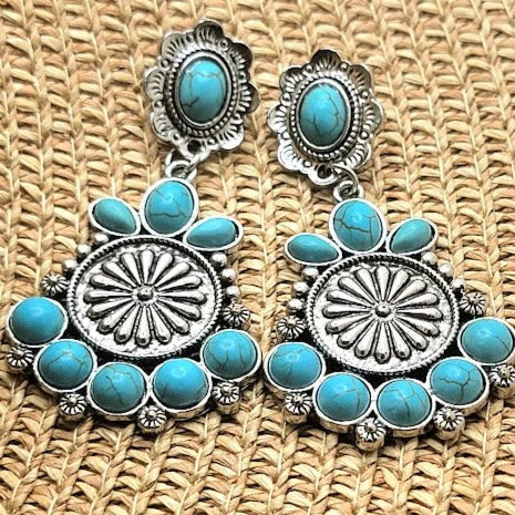 Faux Turquoise Medallion Stud Earrings, Artisan Crafted Silver Dangle