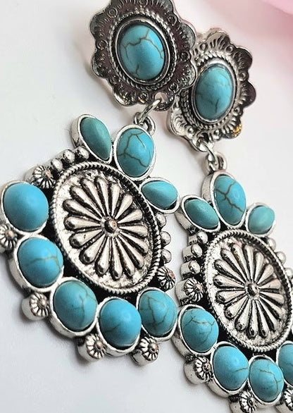 Faux Turquoise Medallion Stud Earrings, Artisan Crafted Silver Dangle