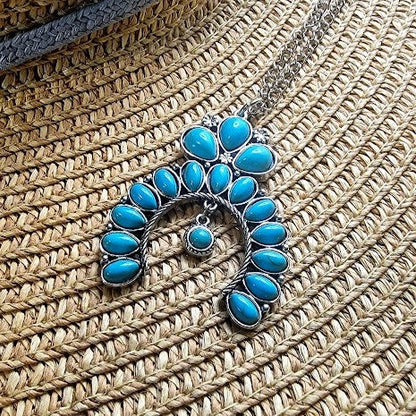 Chic Horseshoe Shaped Pendant Necklace, Faux Turquoise Teardrop Beadwork