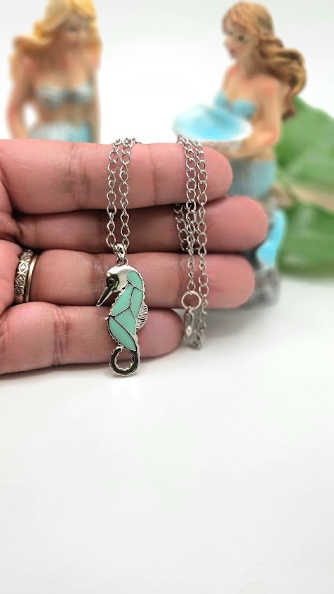 Blue Seahorse Necklace, Unique Coastal Jewelery