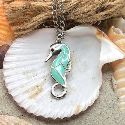 Blue Seahorse Necklace, Unique Coastal Jewelery