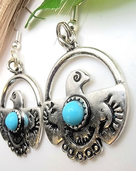 Thunderbirds with Small Faux Turquoise Stone Earrings, Southwestern Theme Accessory, Native American Inspired Dangle, Tribal Design