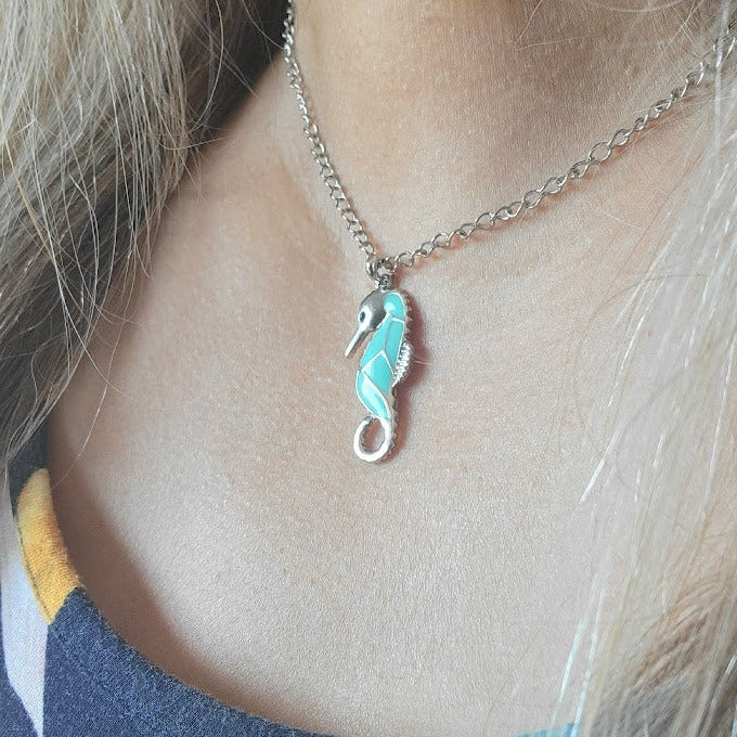 Blue Seahorse Necklace, Unique Coastal Jewelery