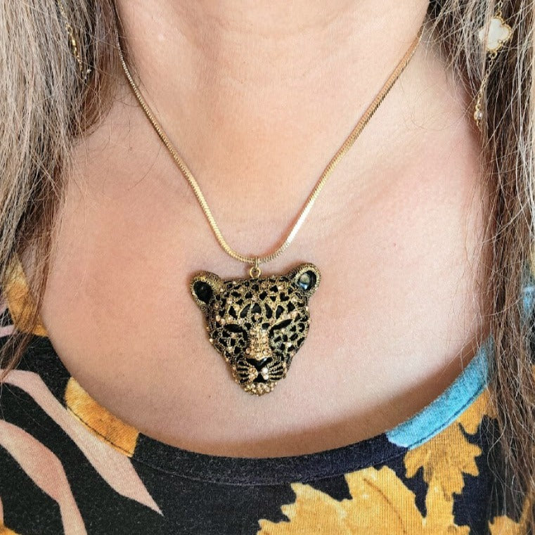 Black Leopard Necklace, Sexy Cougar Pendant, Felidae Cheetah Jewelry