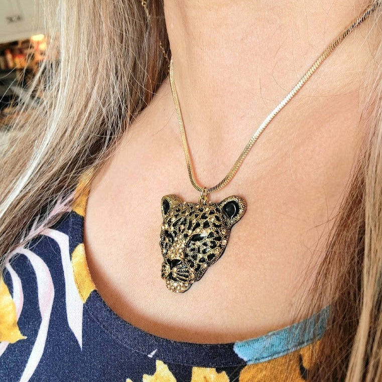 Black Leopard Necklace, Sexy Cougar Pendant, Felidae Cheetah Jewelry