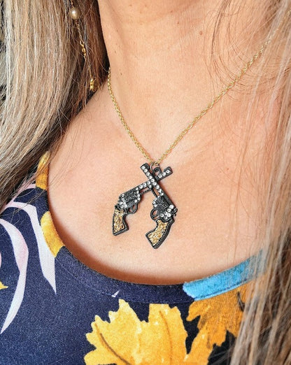 Showdown Pistol Necklace, Double Revolver Pendant, Western Shootout Theme Jewelry, Gunslinger Charms,  Frontier Fashion, Wild West Standoff Jewelry