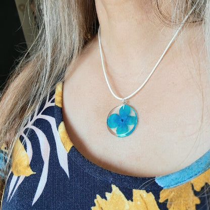 Blue Flower Necklace, Naturally Pressed Teal Petal Dangle