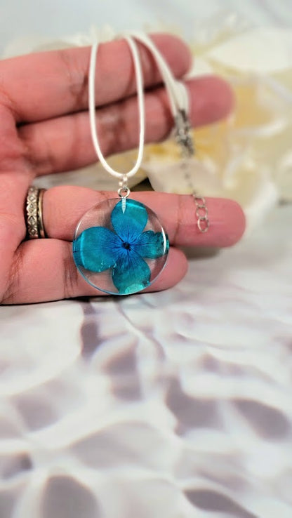 Blue Flower Necklace, Naturally Pressed Teal Petal Dangle