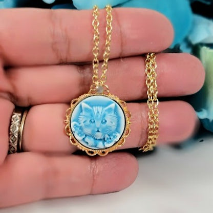 Lovable Blue Kitten Necklace, Pet Inspired Pendant, Elegant Animal Jewelry, Feminine Feline Charm