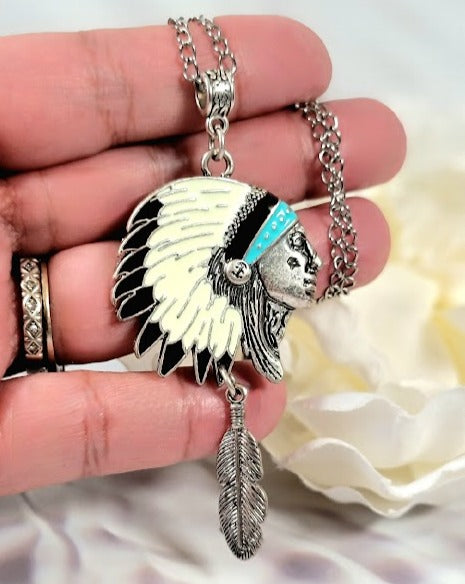 Native American Chief Head Necklace, Indigenous Cultural Headdress Pendant