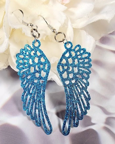 Blue Guardian Angel Feather Earrings, Religious Symbolic Dangle, Heaven-Inspired Jewelry