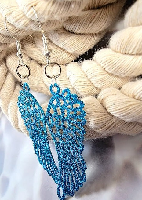 Blue Guardian Angel Feather Earrings, Religious Symbolic Dangle, Heaven-Inspired Jewelry