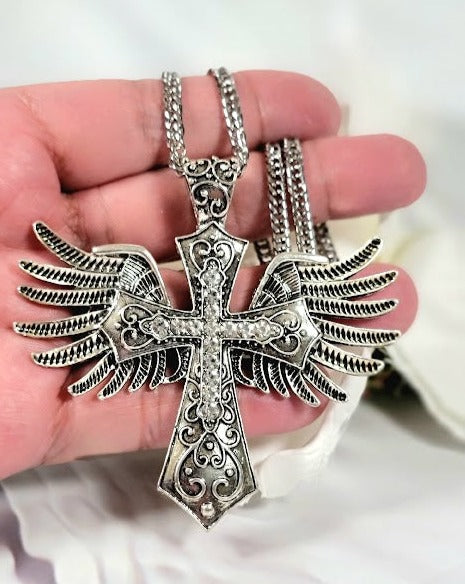 Winged Cross Necklace, Ornate Crucifix, Focal Point Accessory, Artisan Statement Jewelry, Religious Pendant, Angelic Charm, Faith Based