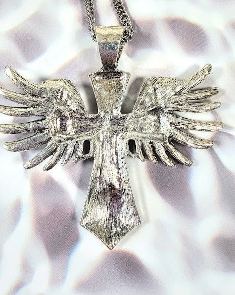 Winged Cross Necklace, Ornate Crucifix, Focal Point Accessory, Artisan Statement Jewelry, Religious Pendant, Angelic Charm, Faith Based