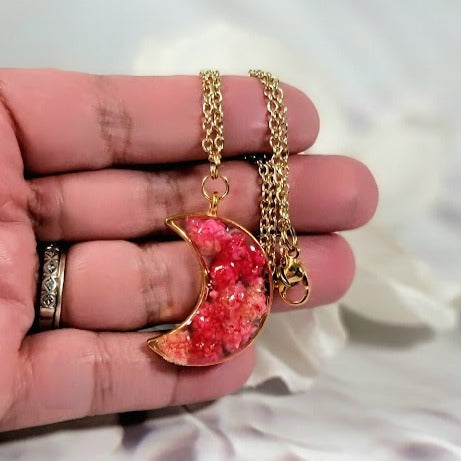 Pink Carnation Buds in Gold Crescent Moon Necklace, Left Facing Celestial Moon Phase Pendant