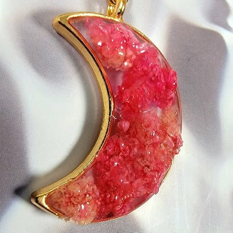 Pink Carnation Buds in Gold Crescent Moon Necklace, Left Facing Celestial Moon Phase Pendant