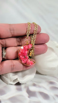 Celestial Pink Floral Necklace, Pink and Gold Crescent Moon Pendant