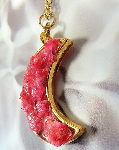 Celestial Pink Floral Necklace, Pink and Gold Crescent Moon Pendant