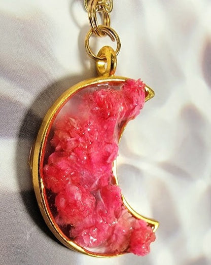 Celestial Pink Floral Necklace, Pink and Gold Crescent Moon Pendant