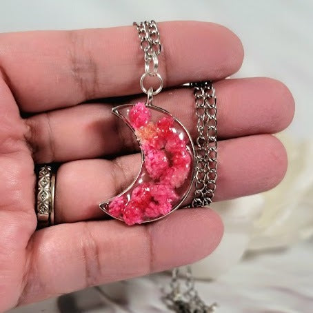 Vibrant Real Pink Carnation Bud 3D Necklace, Silver Crescent Moon Pendant