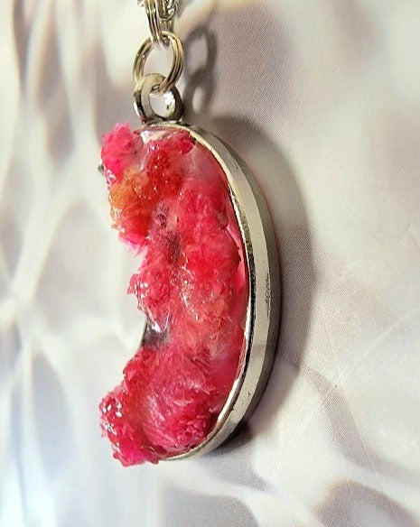 Vibrant Real Pink Carnation Bud 3D Necklace, Silver Crescent Moon Pendant