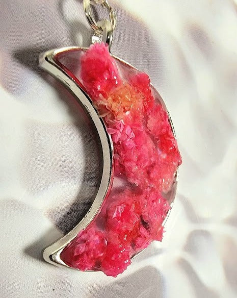 Vibrant Real Pink Carnation Bud 3D Necklace, Silver Crescent Moon Pendant