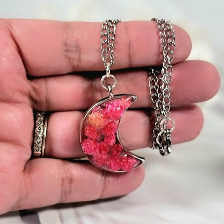 Unique Pink Carnation Bud Necklace, Celestial Moon Phase Pendant