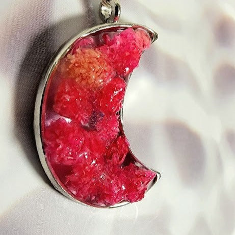 Unique Pink Carnation Bud Necklace, Celestial Moon Phase Pendant