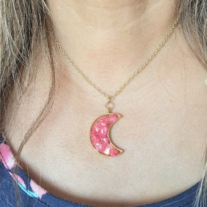 Celestial Pink Floral Necklace, Pink and Gold Crescent Moon Pendant