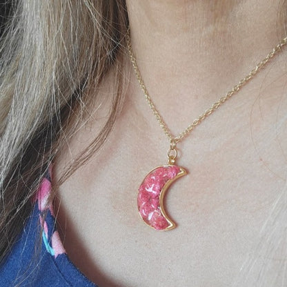 Celestial Pink Floral Necklace, Pink and Gold Crescent Moon Pendant