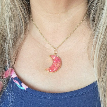 Pink Carnation Buds in Gold Crescent Moon Necklace, Left Facing Celestial Moon Phase Pendant