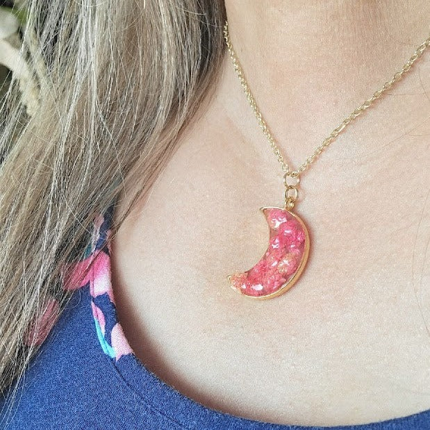 Pink Carnation Buds in Gold Crescent Moon Necklace, Left Facing Celestial Moon Phase Pendant