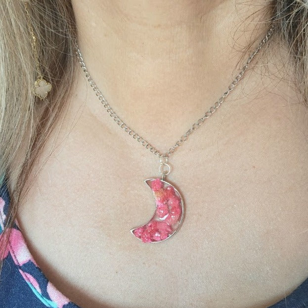 Vibrant Real Pink Carnation Bud 3D Necklace, Silver Crescent Moon Pendant