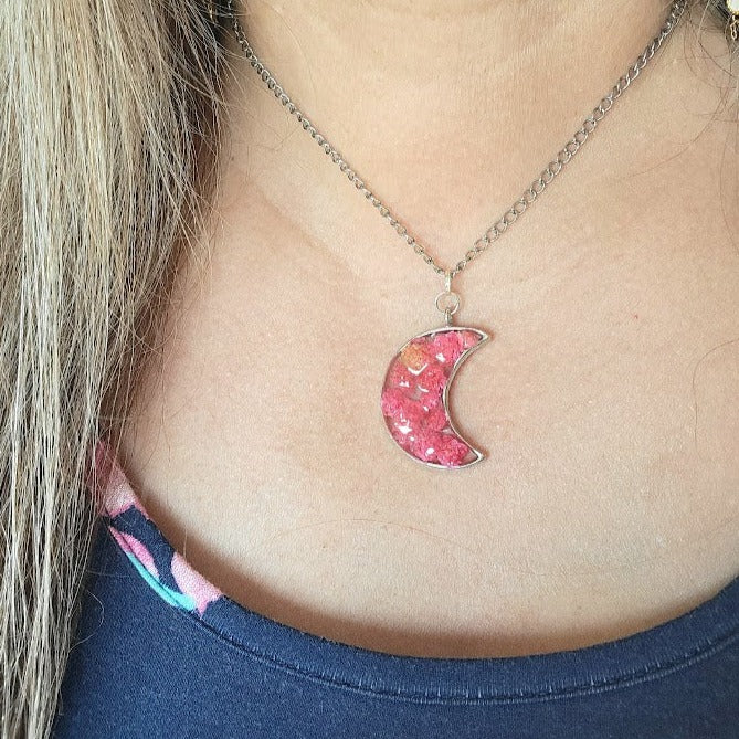 Unique Pink Carnation Bud Necklace, Celestial Moon Phase Pendant