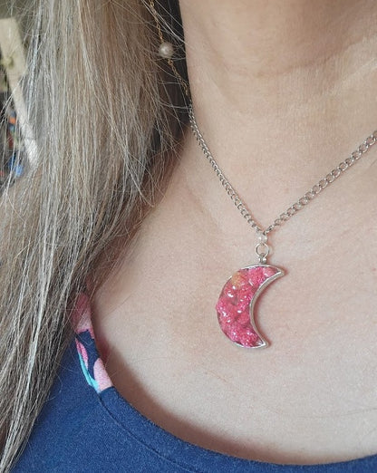 Unique Pink Carnation Bud Necklace, Celestial Moon Phase Pendant