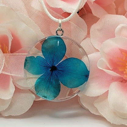 Blue Flower Necklace, Naturally Pressed Teal Petal Dangle