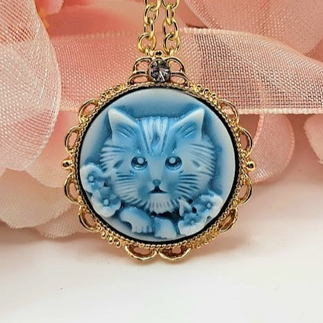 Lovable Blue Kitten Necklace, Pet Inspired Pendant, Elegant Animal Jewelry, Feminine Feline Charm