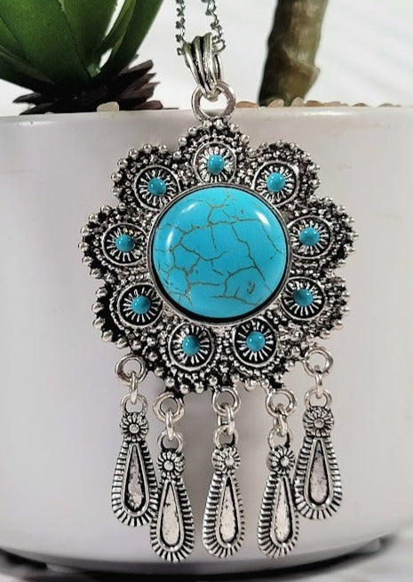 Bold Faux Turquoise & Silver Necklace for Day to Night Fashion, Classy Southwestern Pendant