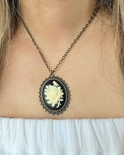 Rose Cameo Necklace, Classic Victorian Theme Pendant, Elegant Evening Gown Accessory, Vintage Inspired Design, Antique Style Jewelry